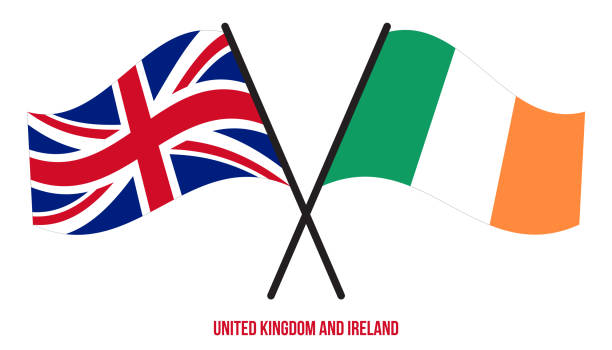 illustrazioni stock, clip art, cartoni animati e icone di tendenza di le bandiere del regno unito e dell'irlanda attraversavano e sventolavano lo stile piatto. proporzione ufficiale. colori corretti. - irish flag