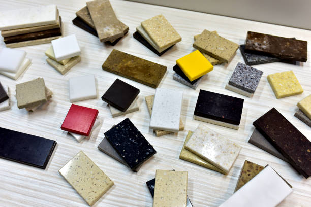 istock Samples of acrylic artificial stone for countertops. Artificial stone for interior decoration in the construction in houses 1322811731