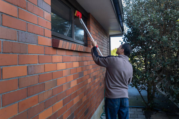 istock A man washing home windows using long stick with sponge at the top. 1322812386