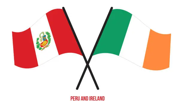 Vector illustration of Peru and Ireland Flags Crossed And Waving Flat Style. Official Proportion. Correct Colors.