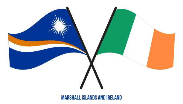 Vector illustration of Marshall Islands and Ireland Flags Crossed & Waving Flat Style. Official Proportion. Correct Colors.