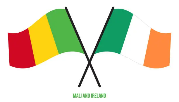 Vector illustration of Mali and Ireland Flags Crossed And Waving Flat Style. Official Proportion. Correct Colors.