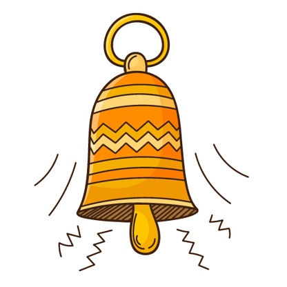 A tinkling yellow little bell. Design element with outline. Doodle, hand-drawn. Flat design. Color vector illustration. Isolated on a white background