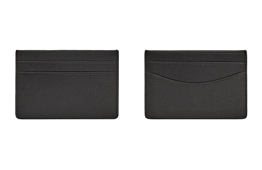 Black business leather card holder isolated on white background. Front and back view