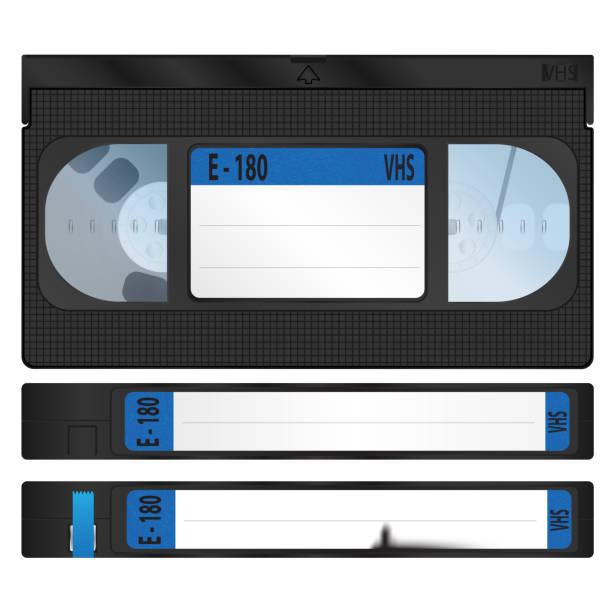 illustrazioni stock, clip art, cartoni animati e icone di tendenza di videocassette vhs con i lati superiore e laterale. design vettoriale realistico. un adesivo strappato su una delle cassette - vcr video cassette tape video television