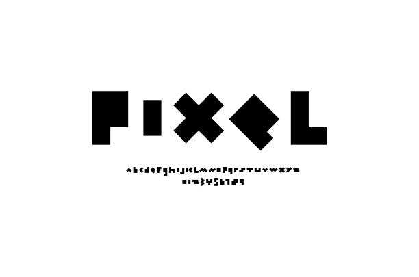 Pixel font in the black, trendy bold alphabet Pixel font in the black color, trendy simple alphabet, bold letters and numbers made in mosaic style, vector illustration 10eps letterpress stock illustrations