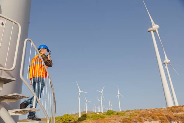 istock Young engineer man with face mask looking and checking wind turbines at field during pandemic 1322820245