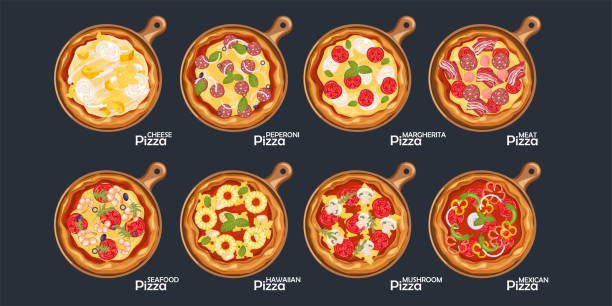 Pizza set delicious fresh pizza, fast food with different fillings. Margarita, cheese, mushroom collected on the background. Pizza set delicious fresh pizza, fast food with different fillings. Margarita, cheese, mushroom collected on the background. Vector illustration. nuggets heat stock illustrations
