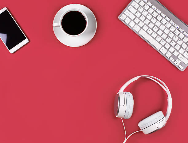 istock Flat layout on red background. Horizontal photo. Composition concept online conference, desktop, office work and training, concept bloging, online education 1322824161