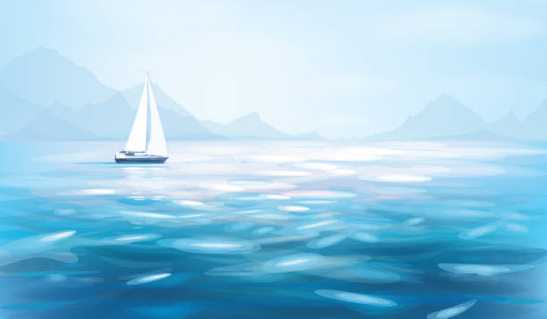 ilustrações de stock, clip art, desenhos animados e ícones de vector blue sea view and yacht. blue seascape background. - sea water single object sailboat