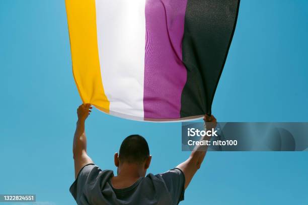 Person Waving A Nonbinary Pride Flag Stock Photo - Download Image Now - Non-Binary Gender, Flag, Gender Fluid