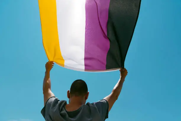 closeup of a young caucasian person, seen from behind and below, waving a non-binary pride flag on the sky