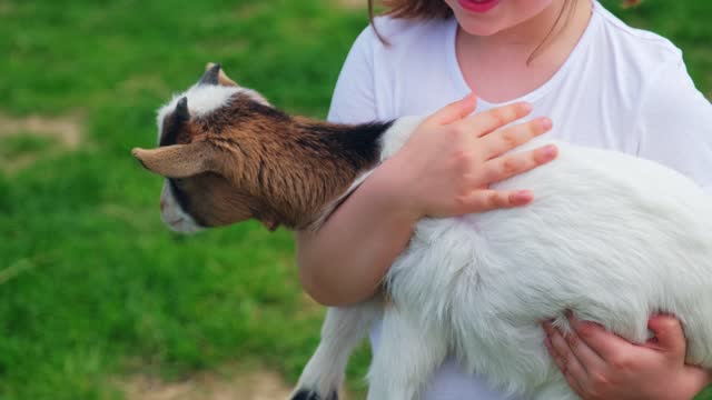 Young Happy Caucasian Girl Carefully Holding Little Baby Goat in her Arms