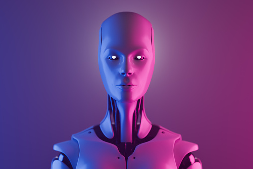 Portrait of a robot lit by neon colored lights.