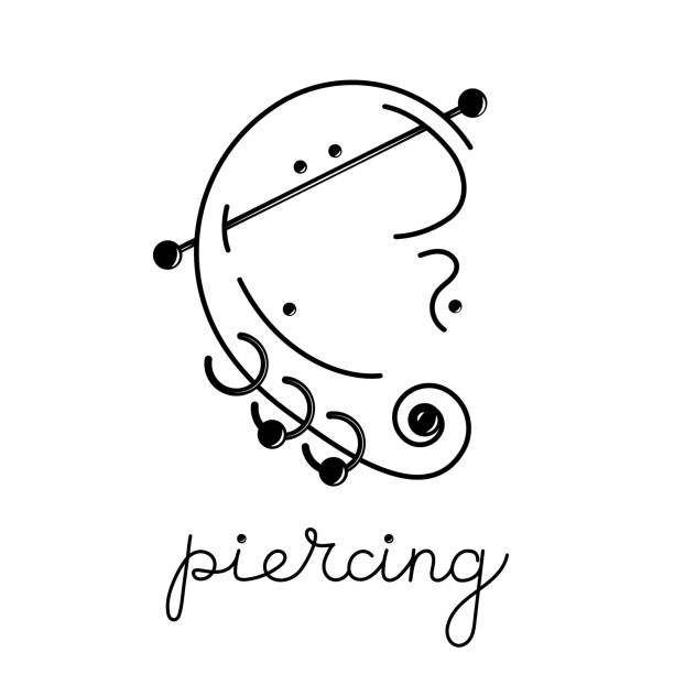 International body piercing day. Pierced ear cartilage. International body piercing day. Pierced ear cartilage. Body jewelry. Line art vector illustration. cartilage piercings stock illustrations