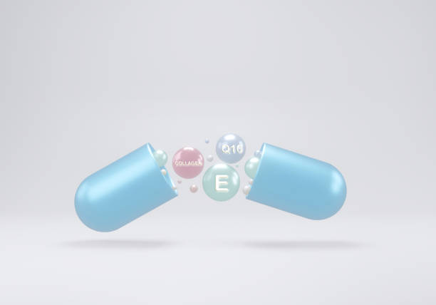 istock Abstract blue capsule supplement with dispersed particles rich in collagen, vitamin E, and natural extracts. food supplement brand concept white isolated background with copy space 3d rendering. 1322827416
