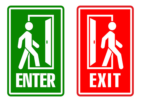 Man enters and exits the room through the door. Entry and exit sign. Vector