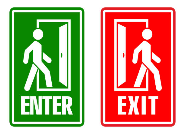 entry and exit sign Man enters and exits the room through the door. Entry and exit sign. Vector exit sign stock illustrations
