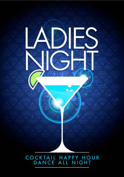 illustrazioni stock, clip art, cartoni animati e icone di tendenza di vector party ladys night flyer modello di design con bicchiere da cocktail - nightlife party group of people martini