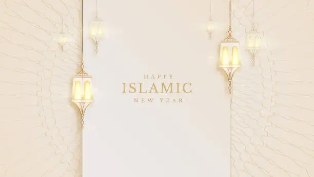 Vector illustration of Elegant islamic new year creative card poster background. lamp golden on pattern color cream feeling about luxury concept paper cut style.