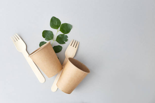 istock Eco friendly disposable dishes on gray background. Sustainable lifestyle concept. zero waste, plastic free, stop plastic pollution. 1322829772