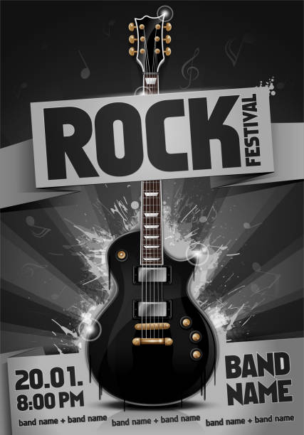 illustrazioni stock, clip art, cartoni animati e icone di tendenza di vector rock festival volantino modello di design con chitarra - popular music concert crowd backgrounds music