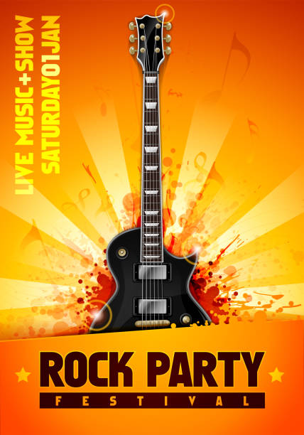 illustrazioni stock, clip art, cartoni animati e icone di tendenza di vector rock festival volantino modello di design con chitarra - popular music concert crowd backgrounds music