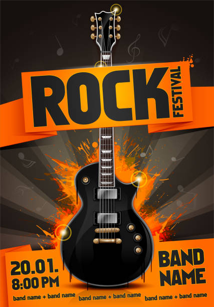 illustrazioni stock, clip art, cartoni animati e icone di tendenza di vector rock festival volantino modello di design con chitarra - popular music concert crowd backgrounds music