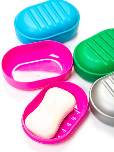 istock Soap in PLASTIC COLORED soap dish isolated on white background 1322831130
