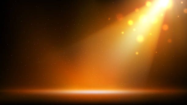Gold spotlight background. Illuminated golden stage. Background for displaying products. Bright beams of spotlights, shimmering glittering particles, a spot of light. Vector illustration Gold spotlight background. Illuminated golden stage. Background for displaying products. Bright beams of spotlights, shimmering glittering particles, a spot of light. Vector illustration spot lit stock illustrations