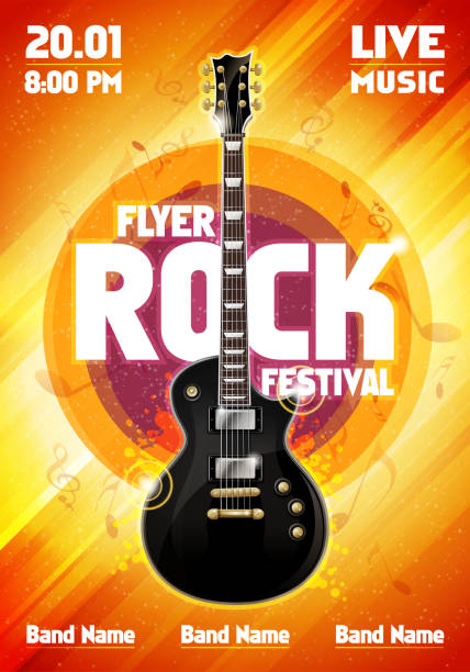 illustrazioni stock, clip art, cartoni animati e icone di tendenza di vector rock festival volantino modello di design con chitarra - popular music concert crowd backgrounds music