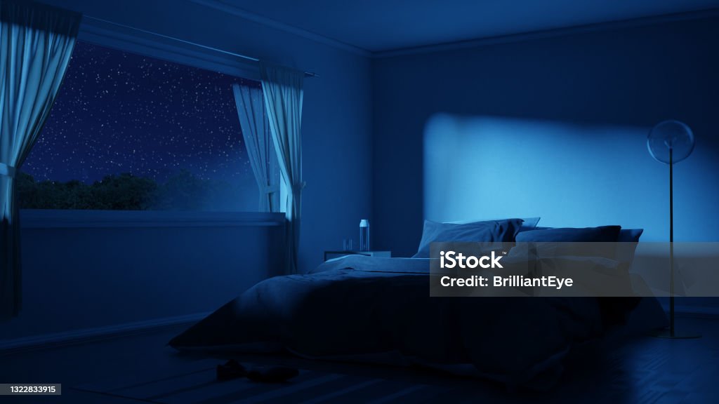 3d rendering of bedroom with cozy low bed at night Bedroom Stock Photo
