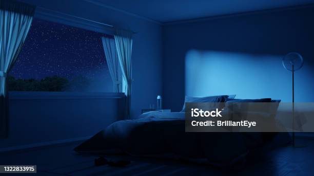3d Rendering Of Bedroom With Cozy Low Bed At Night Stock Photo - Download Image Now - Bedroom, Night, Window