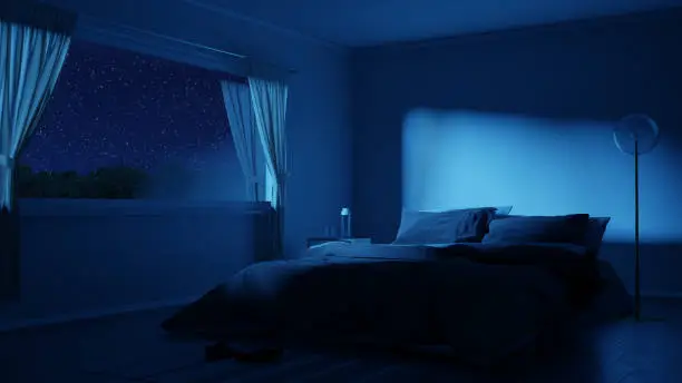 3d rendering of bedroom with cozy low bed at night