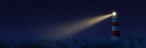 istock 3d rendering of an illuminated lighthouse over fluffy clouds at starry night 1322833924