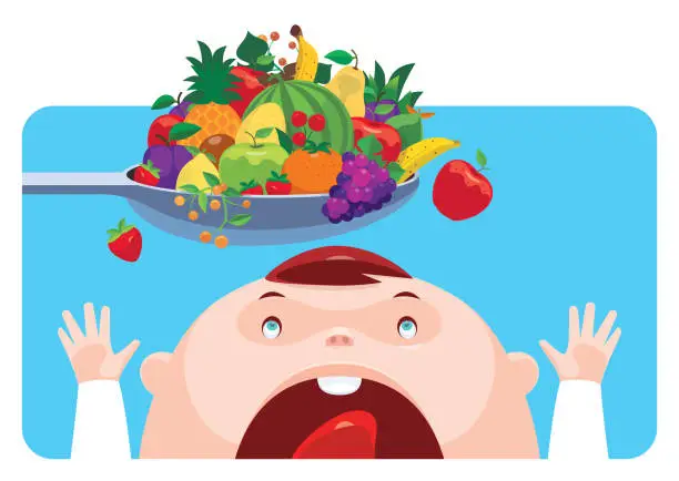 Vector illustration of baby eating fruits