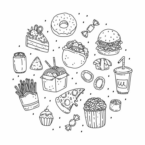Fast food mini set in doodle style in the shape of a circle. Vector black and white hand drawn illustration. Food objects isolated on white background. Food icons. Junk food line art. Fast food mini set in doodle style in the shape of a circle. Vector black and white hand drawn illustration. Food objects isolated on white background. Food icons. Junk food line art sandwich symbols stock illustrations