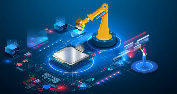 An engineer checks and controls the automation of robotic machine in an intelligent industrial plant. An automated wireless robotic arm in a smart factory assembles a microchip, cpu, new technologies An engineer checks and controls the automation of robotic machine in an intelligent industrial plant. semiconductor stock illustrations