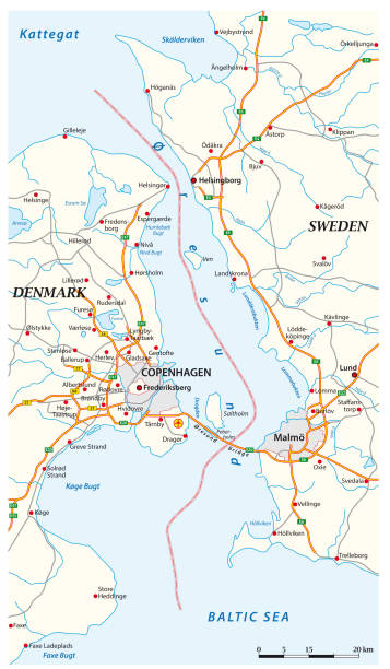 ilustraciones, imágenes clip art, dibujos animados e iconos de stock de mapa vectorial del canal de oresund entre suecia y dinamarca - denmark map copenhagen cartography