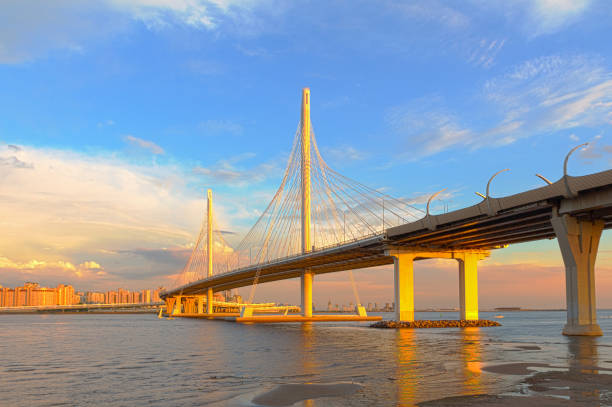 istock Cable-stayed bridge over the bay against the blue sky 1322840261