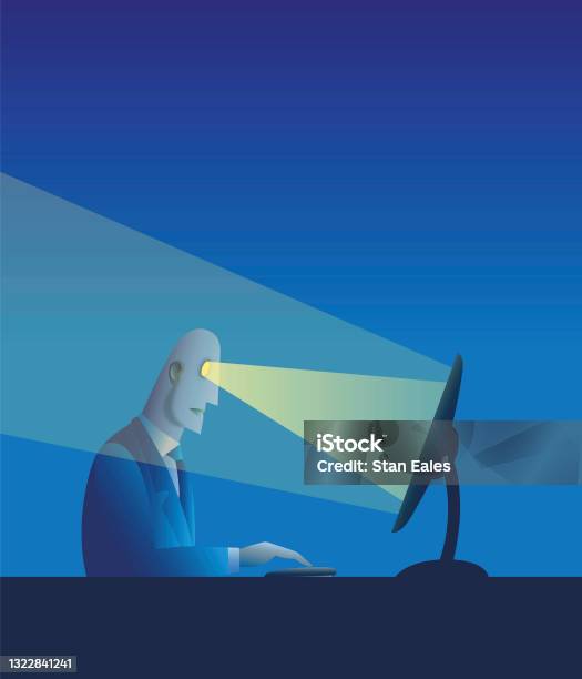 Man Observing Computer Man At Computer Stock Illustration - Download Image Now - Eye, Watching ...