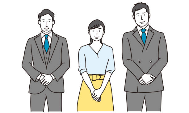 geschäftsleute und geschäftsfrauen stehen lächelnd - men leading guidance business stock-grafiken, -clipart, -cartoons und -symbole