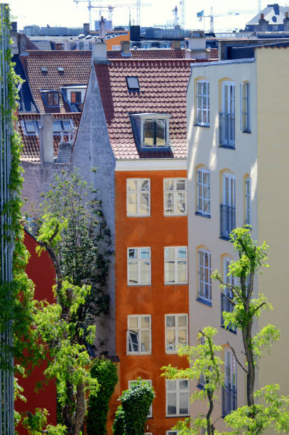 Historic colorful buildings in a fashionable neighborhood of Copenhagen.