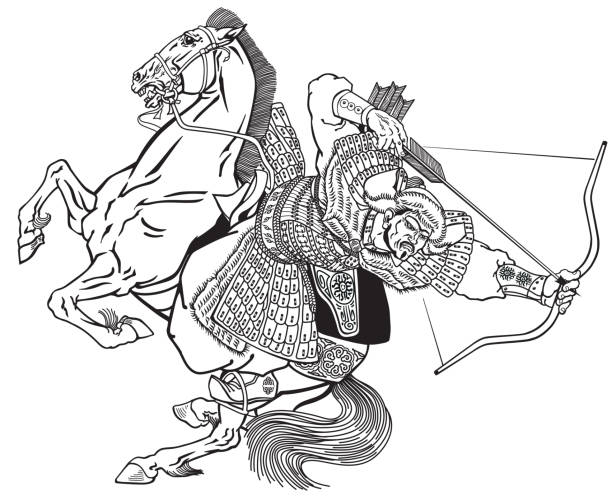 ilustrações, clipart, desenhos animados e ícones de guerreiro arqueiro mongol a cavalo. preto e branco - tatar