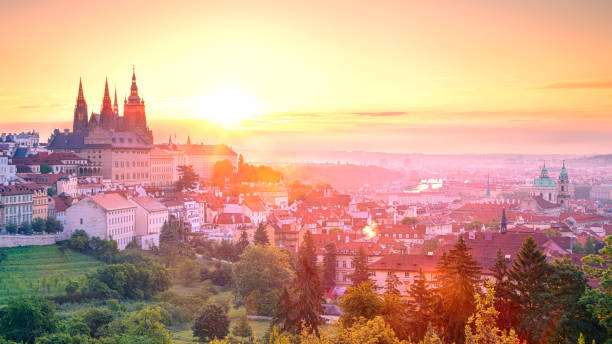 Prague Panorama. Aerial cityscape image of Prague, capital city of  Czech Republic with St. Vitus Cathedral during summer sunrise. prague skyline panoramic scenics stock pictures, royalty-free photos & images