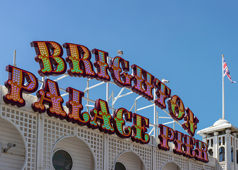 Brighton, United Kingdom - Jun 09, 2021: The Brighton Marine Palace and Pier is an amusement park in Brighton. Brighton is one of the largest and most famous seaside resorts in England.