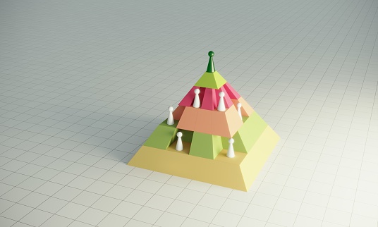 Green pawn of chess, on the top of the pyramid, can be used leadership, hierarchy concepts. ( 3d render )