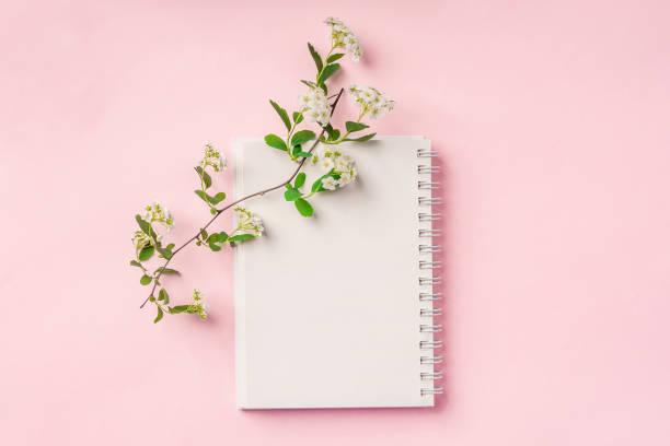 istock A workspace with note paper and a floral composition. Beautiful spring background with space for text, top view 1322845911