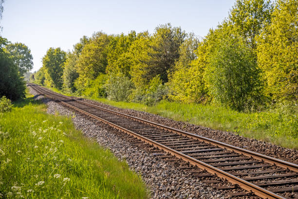 istock Railroad tracks in summer landscape 1322848517