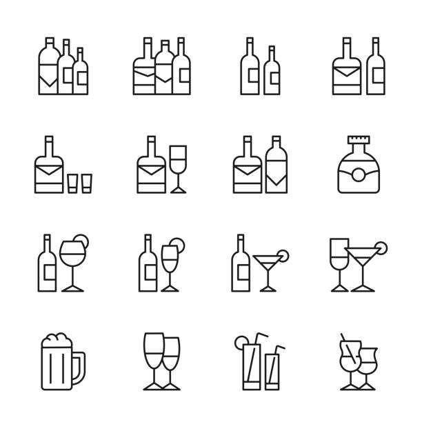 ilustraciones, imágenes clip art, dibujos animados e iconos de stock de iconos de la línea botella de alcohol y cristalería - wineglass symbol coffee cup cocktail